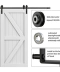 Five Foot Bypass Sliding Barn Door Hardware Kit For Double Wooden Doors On A Single Track With Combination Track Mode Fits Door Openings Up To Fifty Seven Inches Easy Install Roughly Six Inch Overlap Space, showing components and door track.