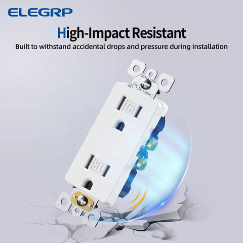 Premium Matte White Decorator Receptacle Outlets 15A 125V No Fuss Tamper Resistant Sockets With Matching Wall Plates Self Grounding UL Listed Heavy Duty Real Deal Protection Plus 20 Pack on cracked surface.