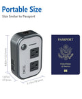 Travel Voltage Converter 220V To 110V With 4 USB Ports size compared to a passport for portable use