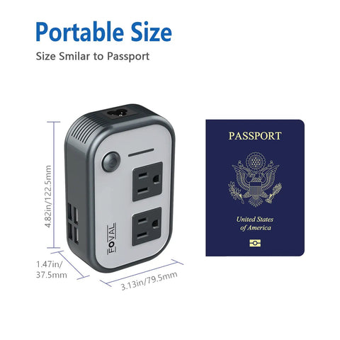Travel Voltage Converter 220V To 110V With 4 USB Ports size compared to a passport for portable use