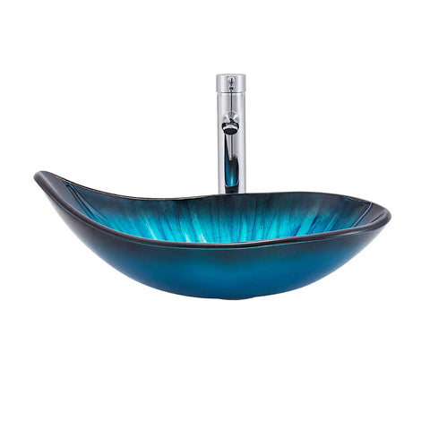 Blue Tempered Glass Vessel Sink With Faucet And Drain Above Counter Bathroom Upgrade Water Drop Style Chrome Finish