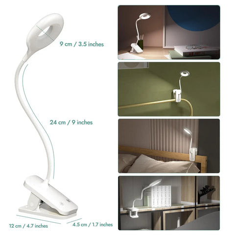 Clip On Reading Light For Bed Headboard With Rechargeable Battery USB C Charging Five Color Options And Five Brightness Levels Flexible Neck LED Night Lamp Eye Protect Desk Light For Kids And Dorm shown in various use settings