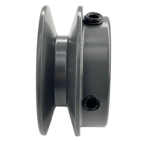Side view of Heavy Duty Cast Iron V Belt Pulley With Seven Eighths Inch Bore And Two Point Two Inch Outside Diameter One Groove For A Three L And Four L Belts Beefy Motor Pulley With Seven Eighths Shaft And Standard Keyseat Three Sixteenths By Three Thirtyseconds.