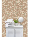 Top Shelf Rustic Botanical Vinyl Wallpaper With Subtle Leather Texture Heavy Duty Wallcovering Paste Applied No Hassle Installation For Accent Walls And Commercial Spaces Custom Printed, showcasing beige leaf design in bathroom with towels.