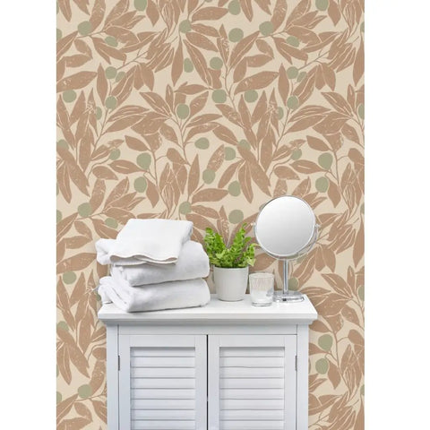Top Shelf Rustic Botanical Vinyl Wallpaper With Subtle Leather Texture Heavy Duty Wallcovering Paste Applied No Hassle Installation For Accent Walls And Commercial Spaces Custom Printed, showcasing beige leaf design in bathroom with towels.