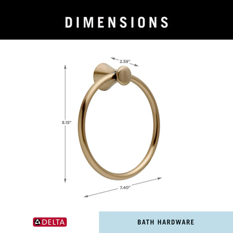 Champagne Bronze Hand Towel Ring dimensions showing 8.15 H x 7.40 L x 2.58 D for Bath Kitchen Durable Tarnish Resistant Towel Holder