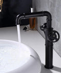 Industrial Pipe Vessel Sink Faucet Matte Black 1-Hole 2-Handle Solid Brass Bathroom Faucet With Lead-Free Construction, High Arc Spout, Easy Fit For Standard U.S. Plumbing, Installed and Running Water Into White Sink