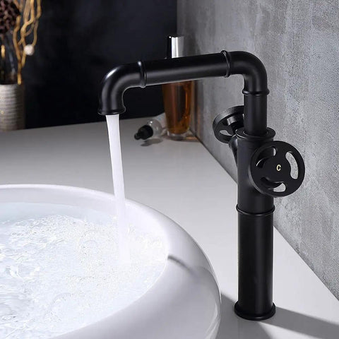 Industrial Pipe Vessel Sink Faucet Matte Black 1-Hole 2-Handle Solid Brass Bathroom Faucet With Lead-Free Construction, High Arc Spout, Easy Fit For Standard U.S. Plumbing, Installed and Running Water Into White Sink