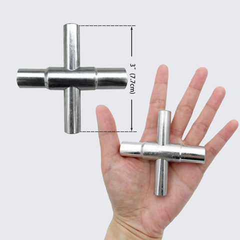 4 Way Sillcock Key Wrench Set For Faucets And Valves, Lifesaver Water Access Tool shown in hand, compact size, steel, 4 pack