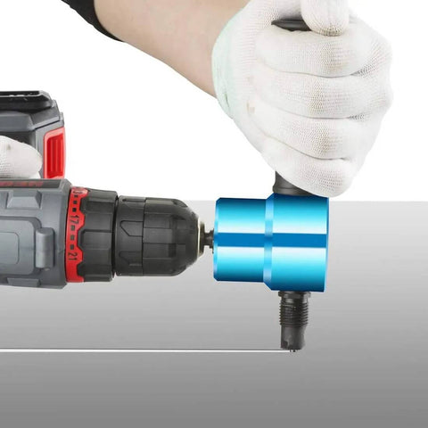 Person using Double Head Sheet Nibbler Metal Cutter for 14 gauge steel; drill attachment cutting straight line in metal sheet.