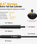 Diagram showing dimensions of Beefy Heavy Duty Gas Lift Cylinder Replacement 1000 Lb Capacity with 8.5-inch stroke and alloy steel