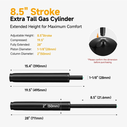 Diagram showing dimensions of Beefy Heavy Duty Gas Lift Cylinder Replacement 1000 Lb Capacity with 8.5-inch stroke and alloy steel