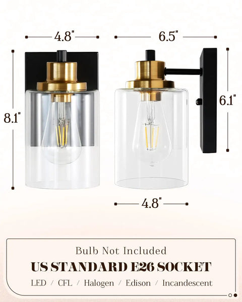 Indoor 2 Pack Wall Light Fixtures Set, Vintage Farmhouse Sconces In Black And Gold Finish With Clear Glass Shades, Vanity Bath Lights