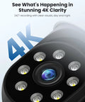 Close-up of 4K Wireless Outdoor Security Camera lens and LEDs, 8MP 4 Cam Kit With 5G And 2.4G WiFi, Auto Tracking, Pan Tilt system.