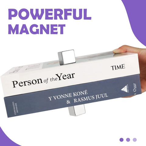 Beefy Ultra Strong 25x25x25mm Neodymium Block Magnets holding two books, showcasing magnetic strength, Pack Of 2, Ideal For Fridge, Kitchen, D I Y Crafts And Office Projects, Heavy Duty Rare Earth Magnets With Nickel Coating