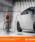 Top Tier Level Two Electric Vehicle Charger Delivers Hella Fast 48 Amp 11point5 Kilowatt Power With A Slick Screen Interface J1772 Connector And Long 25 Foot Heavy Duty Cable Built For Commercial Parking Lots Or Home Garages, mounted next to a vehicle in a garage.