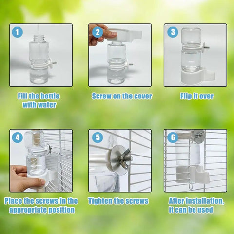 Automatic Bird Water Feeder With Secure Anti Tip Bowl For Small Cages Adjustment steps shown for easy setup and installation.