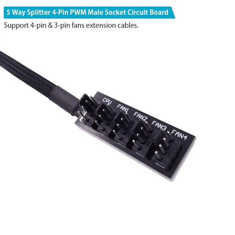 Five Way Fan Hub Splitter Cable For Desktop PCs PWM 4 Pin And 3 Pin Fans Power Extension Cord Adaptor showing male socket circuit board.