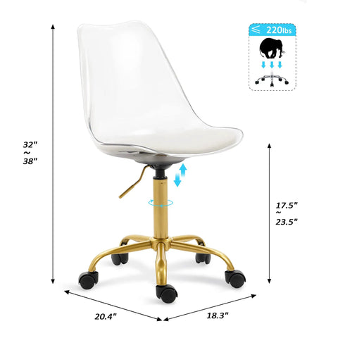 Clear Ergonomic Office Chair With Plush Seat Pad Smooth Swivel Rolling Base Height Adjustable Transparent Acrylic Shell dimensions and features.