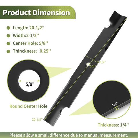 Product dimensions of 60 Inch Deck High Lift Lawn Mower Blades 3 Pack Replaces 105-7718-03 and 115-9649-03 with specifications shown