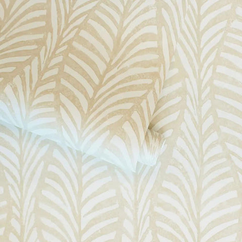 Removable Peel And Stick Wallpaper With Beige Block Print Leaves On Off White, Self Adhesive Boho Wall Covering, close-up view