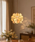 Petals Tiffany Style Stained Glass Ceiling Pendant Light With 8 Inch Cream White Lampshade Cherry Blossom Finish in living room