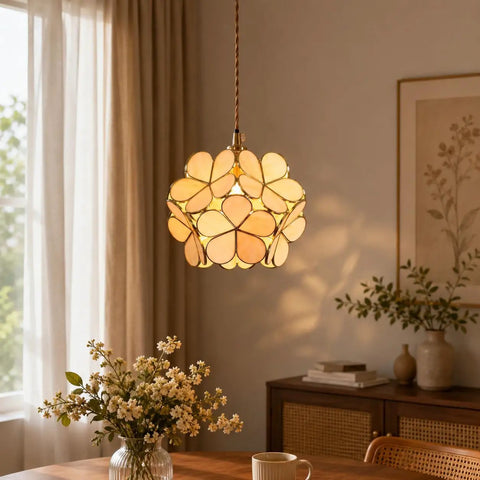 Petals Tiffany Style Stained Glass Ceiling Pendant Light With 8 Inch Cream White Lampshade Cherry Blossom Finish in living room