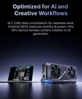 Heavy Duty Dual Mode Usb4 And OcuLink Egpu Dock With Straight Up 80Gbps Speeds Integrated M2 Nvme Bay ATX SFX Power Hookup Thunderbolt 5 Ready PC Gaming Rig Extender with laptop and GPU setup.