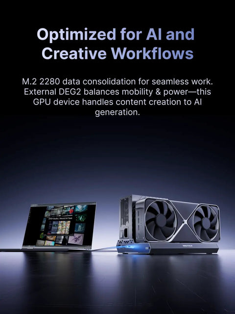 Heavy Duty Dual Mode Usb4 And OcuLink Egpu Dock With Straight Up 80Gbps Speeds Integrated M2 Nvme Bay ATX SFX Power Hookup Thunderbolt 5 Ready PC Gaming Rig Extender with laptop and GPU setup.