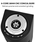 Top Shelf Electric Conical Burr Coffee Grinder Single Dose Fresh Roast Mill showing 6-core 38mm CNC conical burr for precise grinding.