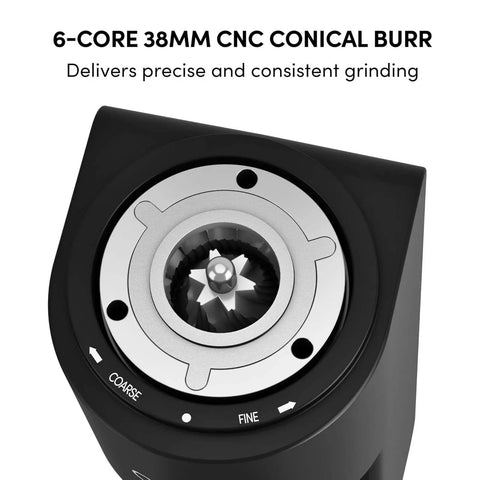 Top Shelf Single Dose Electric Coffee Grinder With 38mm Conical Burrs And Stepless Dial 30G Hopper close-up of 38mm CNC conical burr.