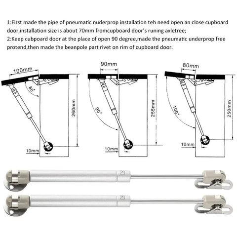Two Pack Cabinet Door Lift Pneumatic Gas Spring Supports With Adjustable 20 60 100 150 N installation diagram and parts