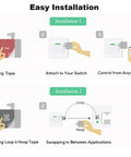 Smart Fingerbot Button Pusher For Rocker Switches And Buttons Wireless App Or Timer Control No Wiring Bluetooth Operation. Installation guide showing steps for easy setup using tape and app control.