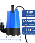 Beefed Up 1 HP Submersible Sump Pump With 4500 GPH Flow, Portable Thermoplastic Electric Water Transfer Pump dimensions