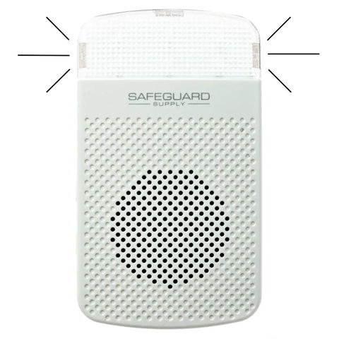Front view of 90 Db Flashing Strobe Plug In Doorbell Receiver For ERA Series Wireless Kits. White with strobe light and speaker grill.
