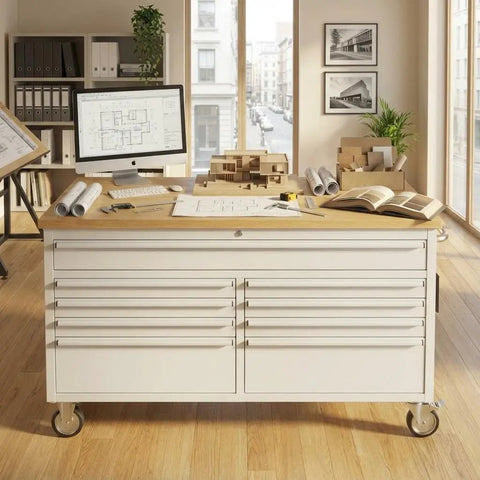 Beefy 61 Inch Tool Chest With 9 Deep Drawers And 4 Smooth Rolling Wheels For Garage Workshop And Warehouse Storage Heavy Duty Tool Box Cabinet In Sliver Finish on wooden top