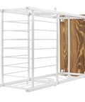 White Metal Bathroom Organizer With Scrollwork And Wood Top Shelf Magazine Basket And Towel Storage Stand