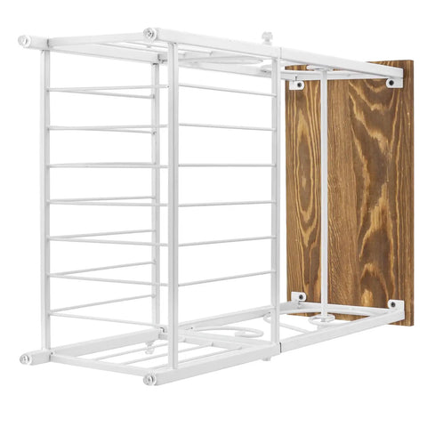 White Metal Bathroom Organizer With Scrollwork And Wood Top Shelf Magazine Basket And Towel Storage Stand