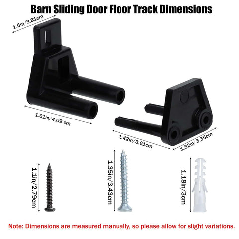 Two Pack Sliding Barn Door Floor Guides For Bottom Track Adjustable Roller With Screws And Expansion Tubes shown with dimensions