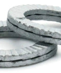 Heavy Hitters Wedge Lock Washers 5/8 Inch Pair Pre Assembled Glued Built Solid Alloy Steel Self Locking Hardware Cracks Down Tight For Grade 8 Bolts Rust Shielded Silver Pack Of 100 stacked on a white background.