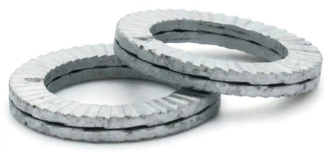 Heavy Hitters Wedge Lock Washers 5/8 Inch Pair Pre Assembled Glued Built Solid Alloy Steel Self Locking Hardware Cracks Down Tight For Grade 8 Bolts Rust Shielded Silver Pack Of 100 stacked on a white background.