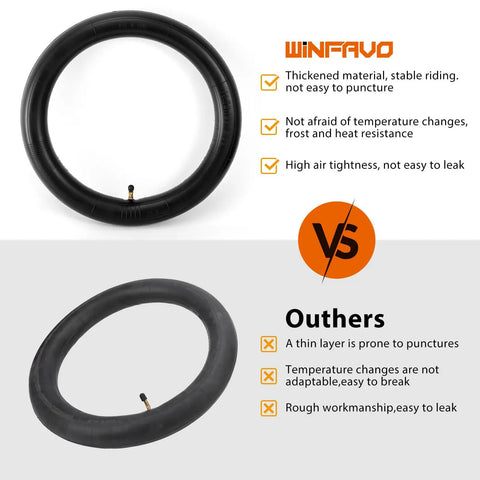 Comparison of Rugged Heavy Duty 16x2.125 Inch E Bike Inner Tube With Bent Valve Stem vs inferior model.