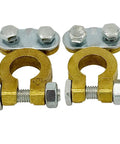 Premium Brass Battery Terminal Connectors for Marine, Car, Boat and RV applications, 1 pair, showing Pos and Neg terminals.