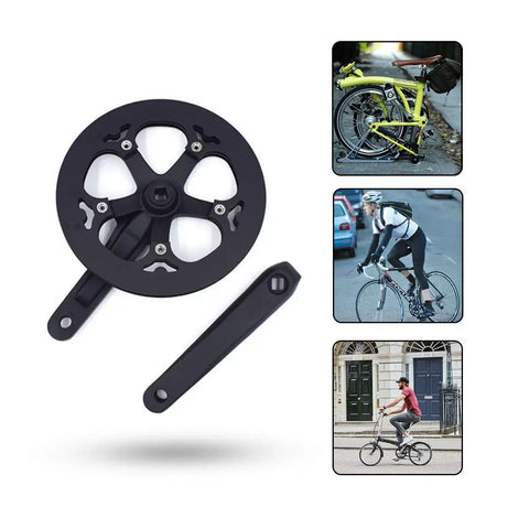 52T 130BCD crankset for city and folding bikes, 170mm crank arm, square taper, fits 9/16 inch pedals, urban riding scenes