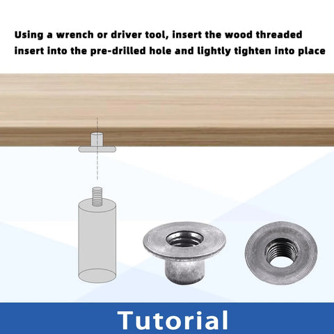 Using a wrench, install Heavy Duty 85Pc Tee Nut Kit With M4 M5 M6 M8 M10 Round Base Weld T Nuts into wood pre-drilled hole.