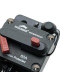 Close-up of 60A waterproof circuit breaker with manual reset switch, part of 50 Amp Trolling Circuit Breaker With Manual Reset Waterproof And Splash Proof Dust Proof 12V To 48V DC Surface Mount Marine Electrical Breaker For Boats And Accessories.