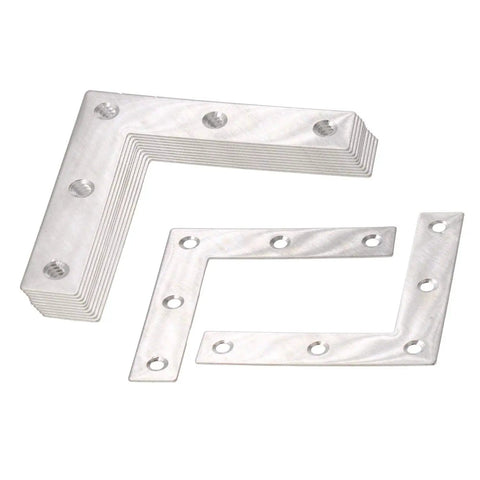 Top Shelf Heavy Duty Stainless Steel L Shape Corner Brace Brackets 10 Pack Rust Proof Mending Plates stacked and arranged.