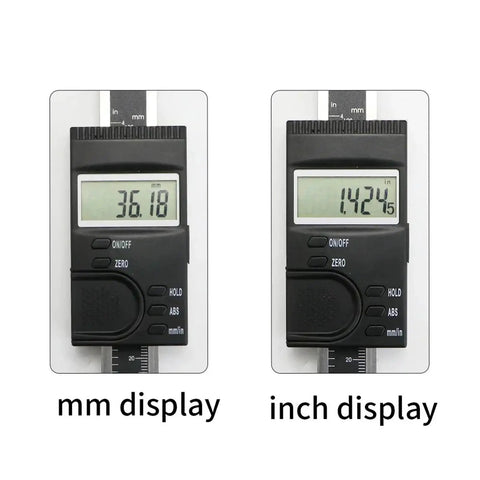 Vertical Type Digital Linear Scales Caliper 0-100/150/200/300mm(0-150mm) showing mm and inch display options.