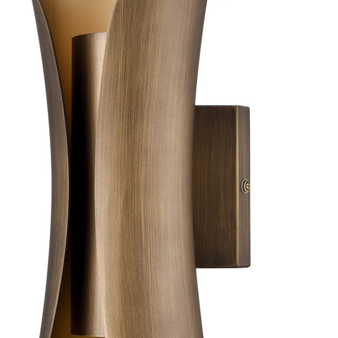 Close-up of Mid Century 2 Light Brushed Brass Wall Sconce For Bathroom And Bedroom With Updated Canopy Dope Glam Art Deco Vibe Hardwired Wall Light In Sleek Metal Finish showing brass detail.