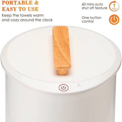 Top view of Ultra Large Bucket Towel Warmer For Bathroom With Auto Shut Off, featuring wooden handle and control button